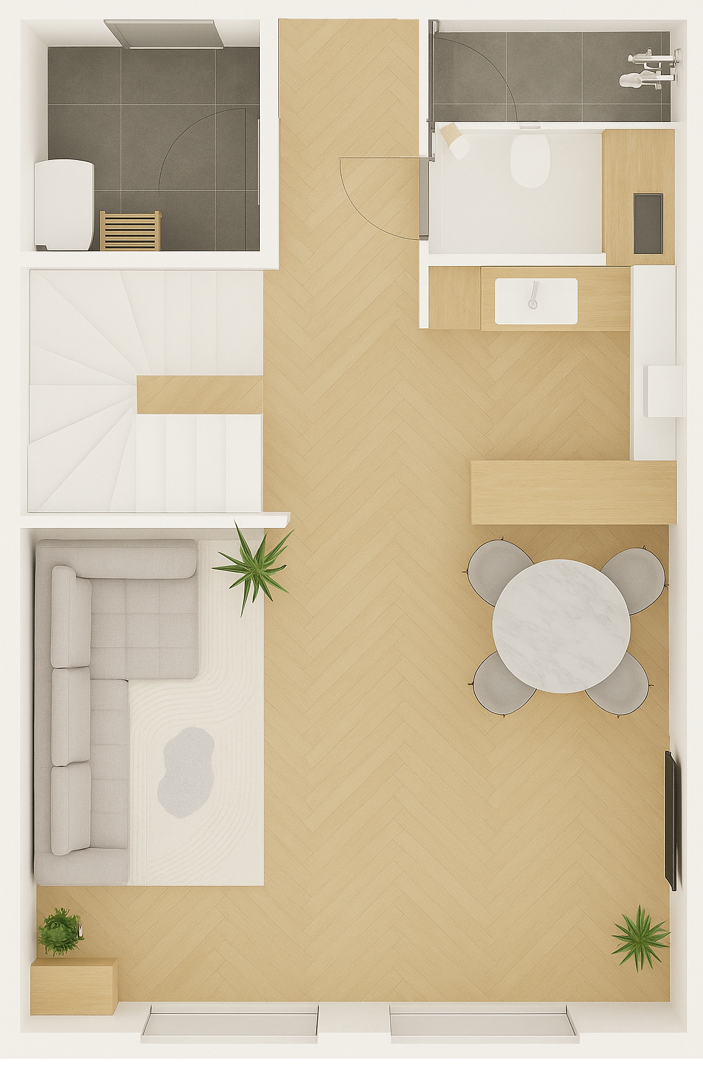 Půdorys přízemí - obývací pokoj, kuchyní, jídelna