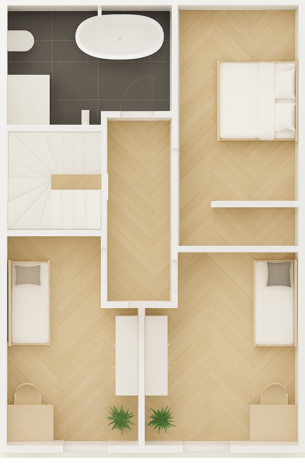 Půdorys patra - ložnice, koupelna, šatna